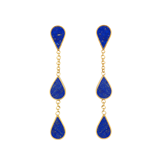 Gold and blue drop earrings featuring three teardrop shaped lapis lazuli stones each.